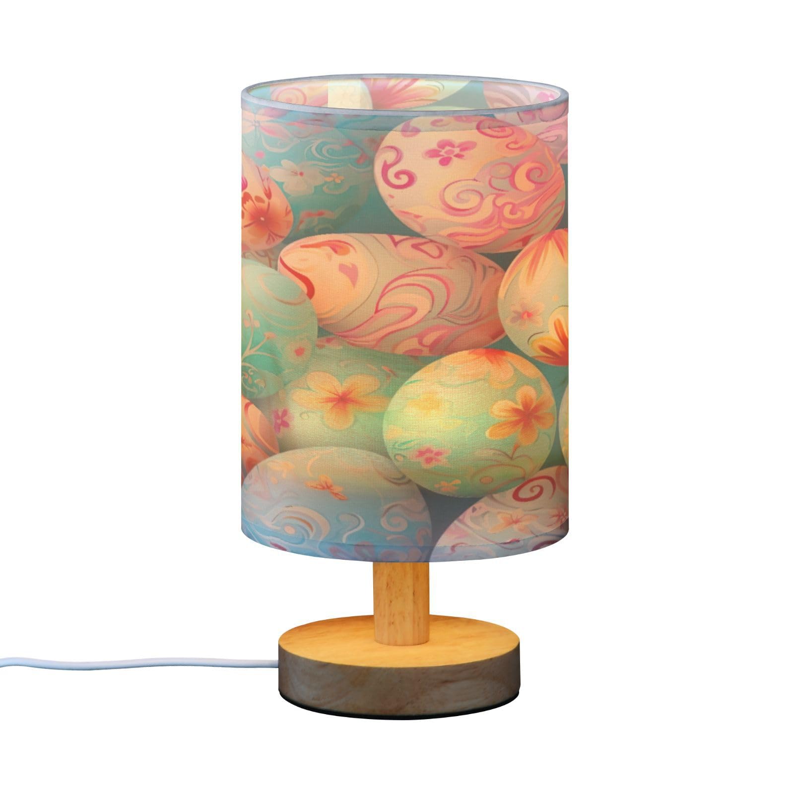 SDMKA Easter Eggs Pattern Bedside Table Lamp for Bedroom, Minimalist Nightstand Lamp with Round Fabric Shade for Living Room, Office, No Bulb Required