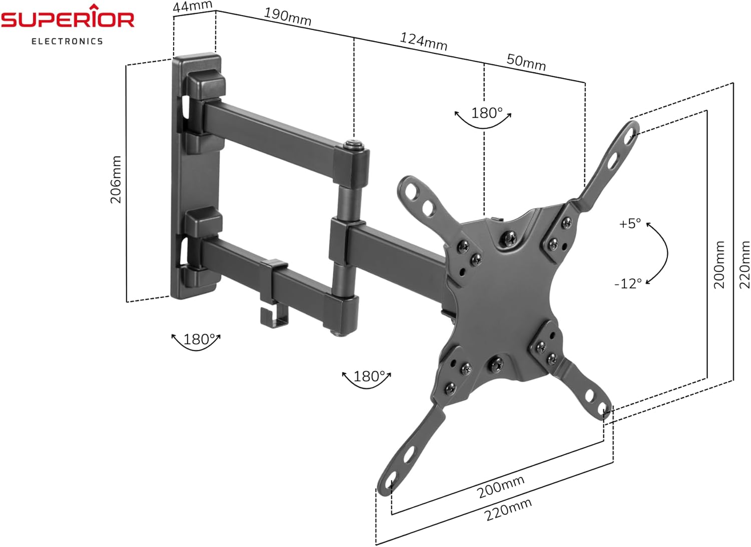 Superior Electronics – Full-Motion Extra-Slim TV Wall Mount for 13"–42" TVs – VESA 75x75, 100x100, 200x100, 200x200 – Black – SUPSTV010
