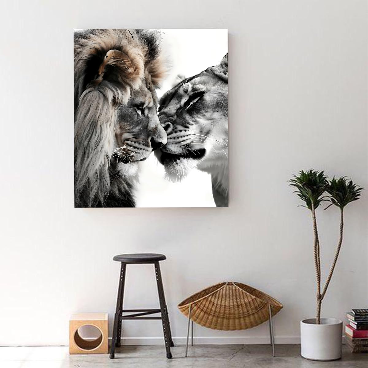 Via Vela Peinture murale de couple Lion Table affiche d’animaux style noir et blanc illustrations de faune fresques modernes pour la décoration de la maison 80x100cm