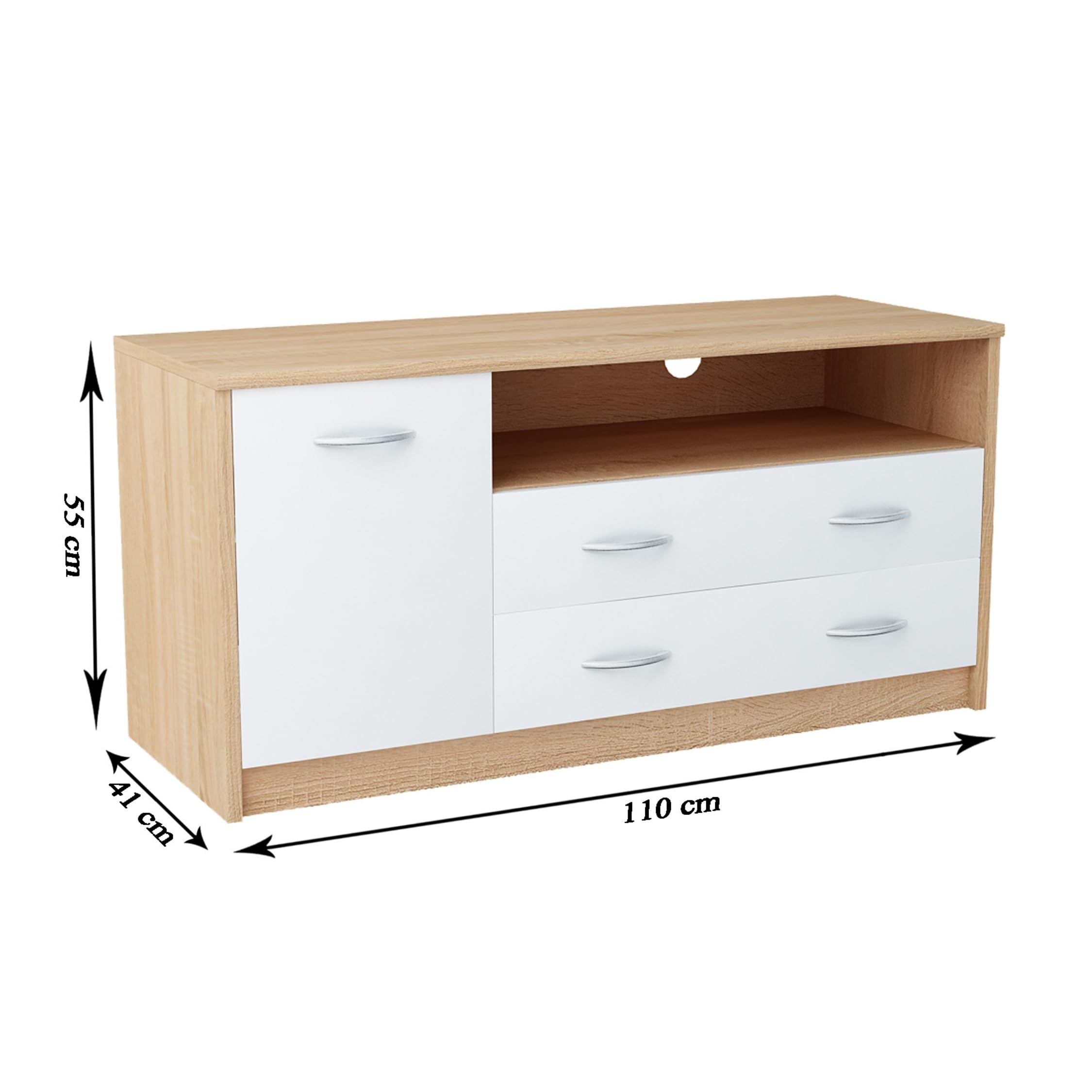 Home Collective TV-Schrank 110cm breit Lowboard in matt Fernsehtisch mit 1 Tür 2 Schubladen und 2 Regalen aus laminiertem Board abgerundete Kante und Metall-Rollschienen Fernsehkommode Sonoma weiß