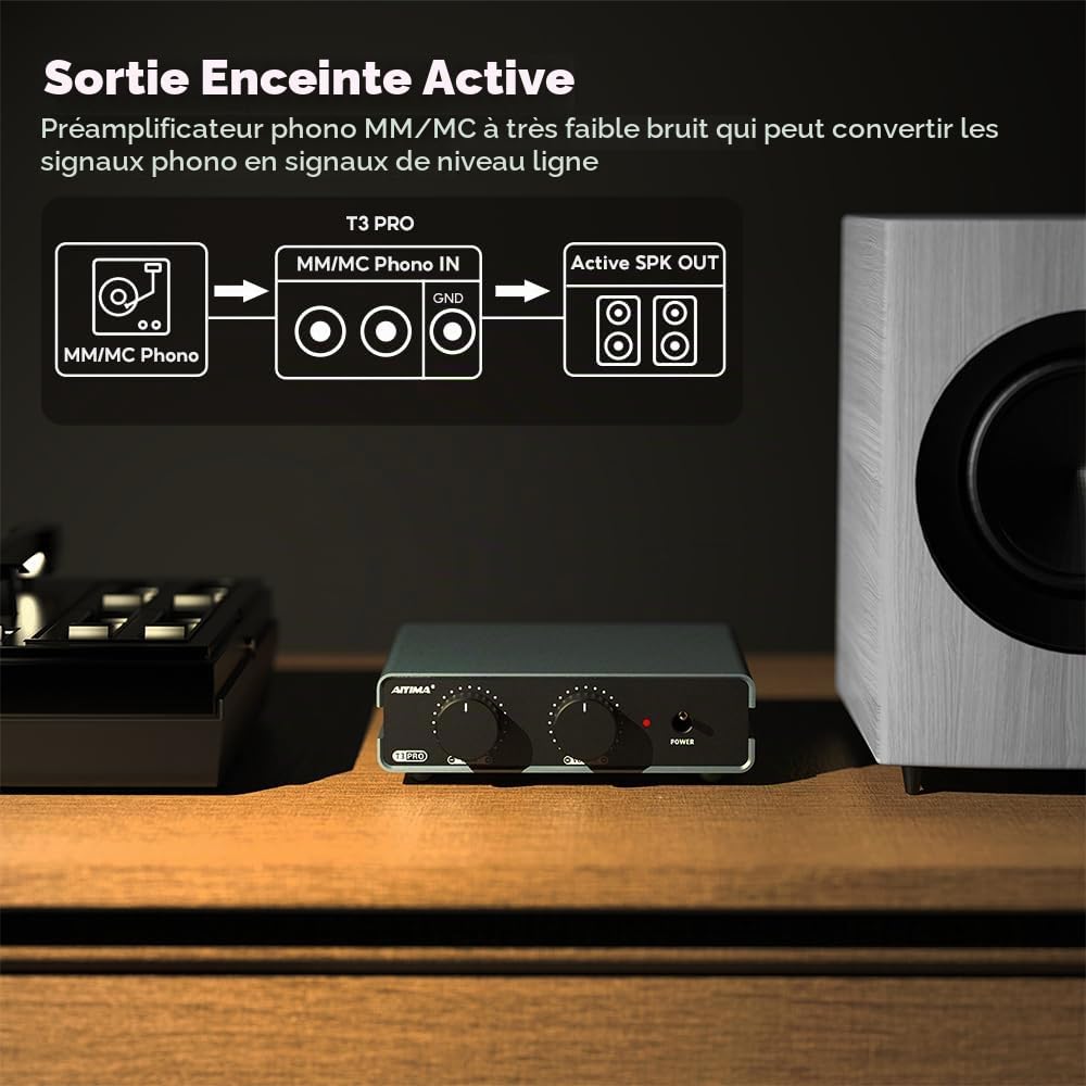 AIYIMA T3PRO MM/MC RIAA Phono Preamp pour platine vinyle/lecteur de disque vinyle/amplificateur domestique,Préamplificateur phonographique professionnel avec réglage du gain et du volume