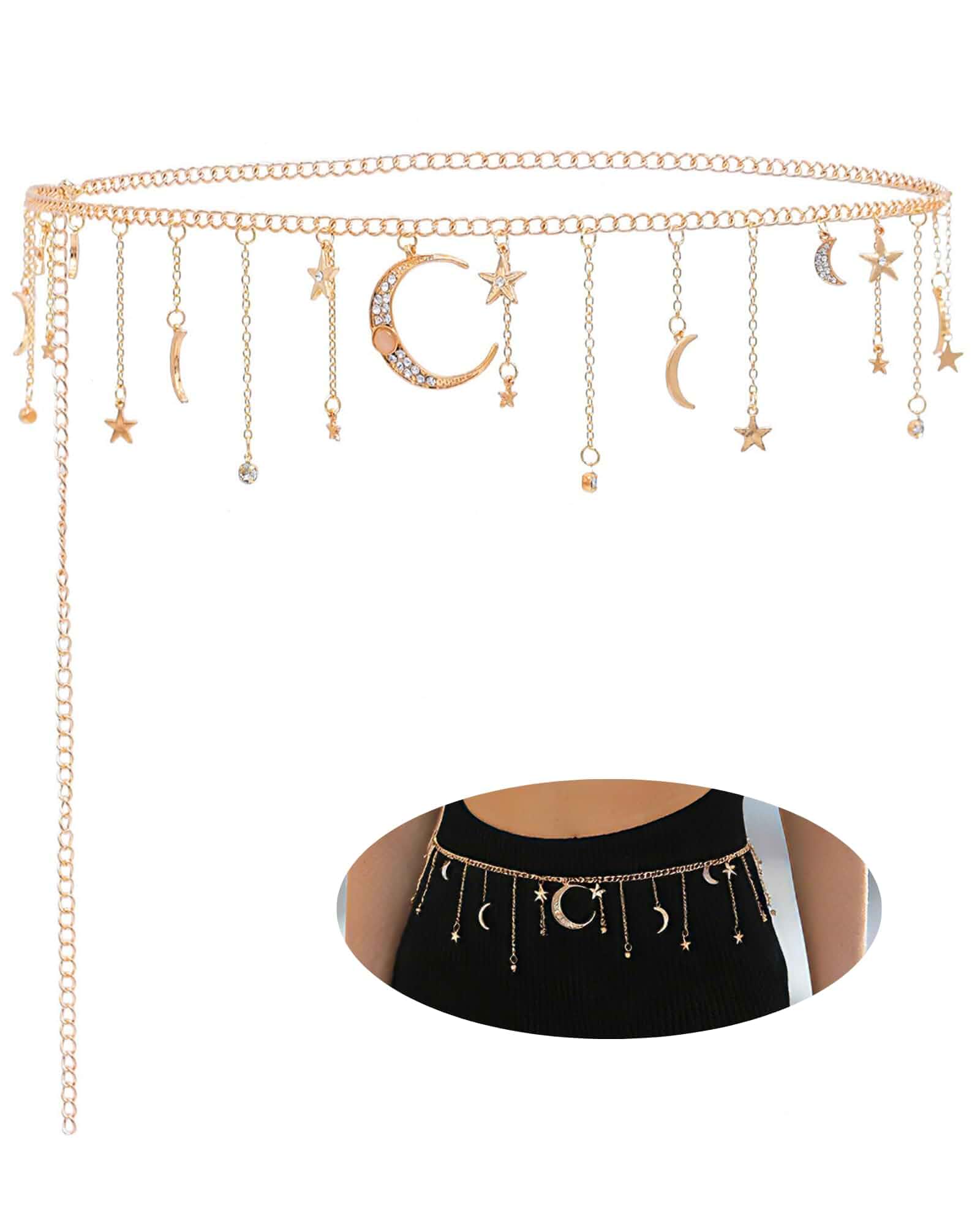 Moon Chain Belt for Women, Bohemia Waist Chain with Star Tassel Celestial Belt Accessories with Tassel Details, Suitable for Women Bohemia Costume Cospaly, Medieval Party and Goddess Styles