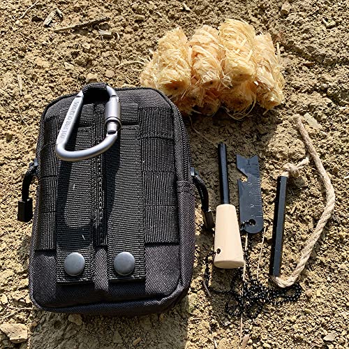 Camping Emergency Fire Starters Survival Tool Kit, 12Pcs Waterproof Wood Wool Fire Starters, Ferro Rod Flint And Steel Striker, Wax Coated Hemp Rope, Multifunctional Outdoor Storage Bag #TOP6