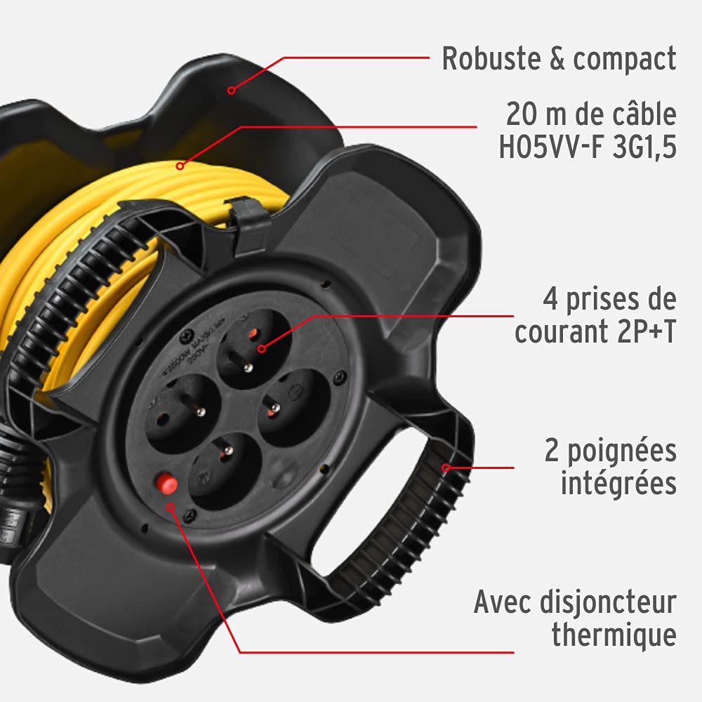 Brennenstuhl X-GUM - Enrollador de cable eléctrico compacto (4 tomas (20 m, uso en interiores, fabricado en Francia)