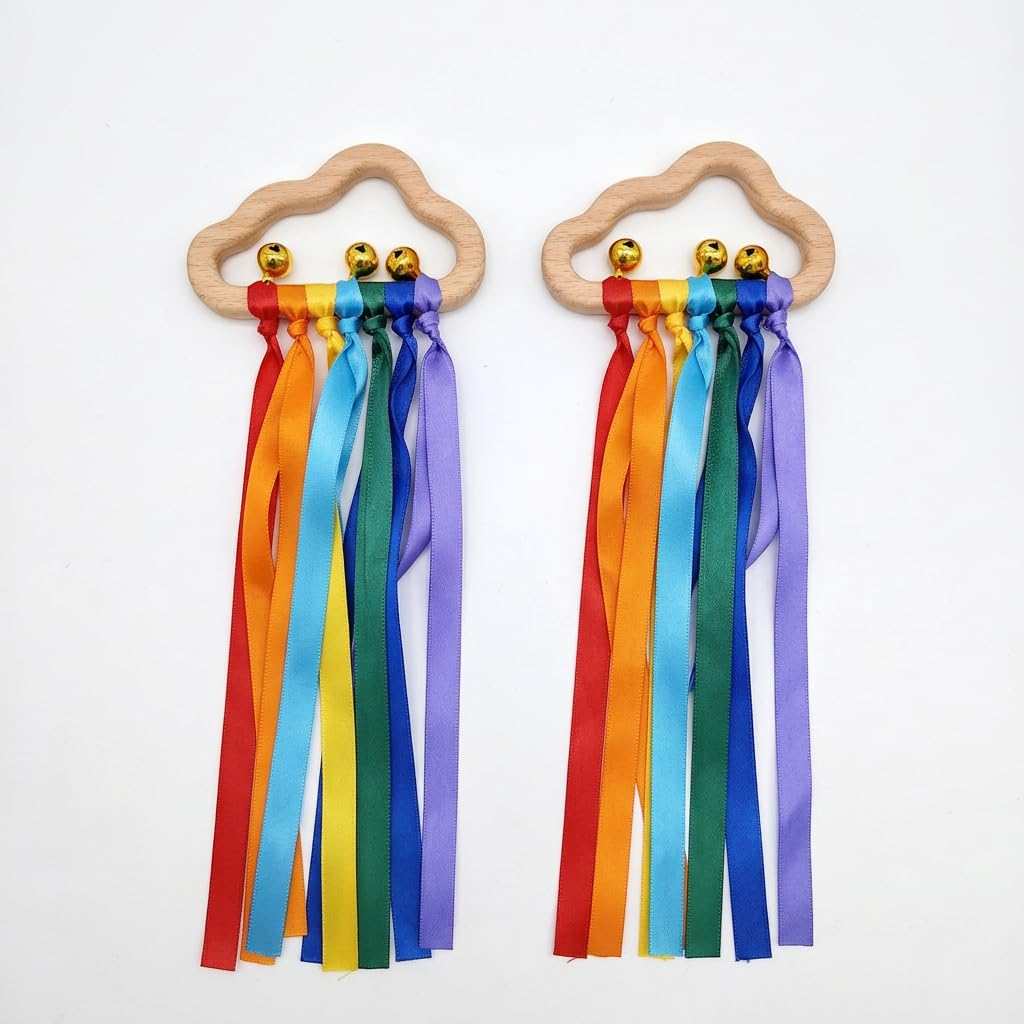 Wooden Sensory Rattle Toy，Rainbow Sensory Ribbons, Handcrafted Wooden Sensory Toys with Clear Bell Sound, Soft Ribbon Sensory Toy for Visual and Tactile Play and Relaxation