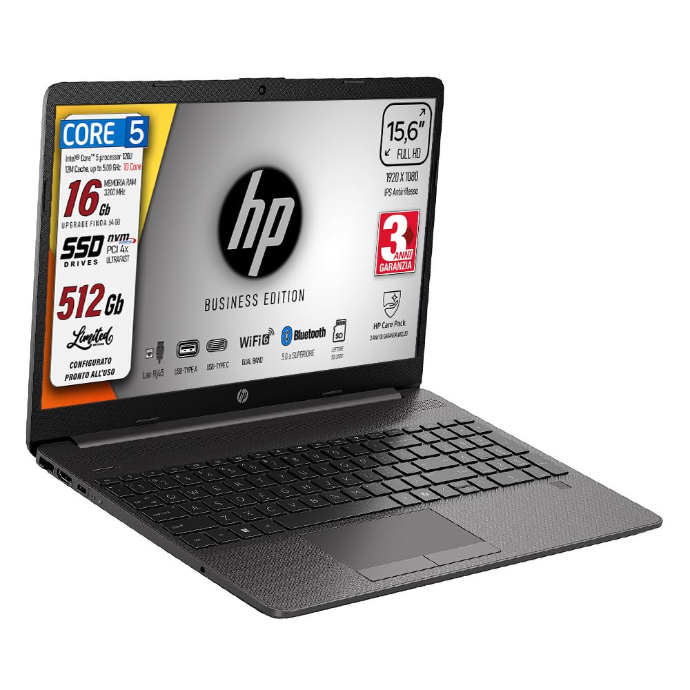 HP 250, PC Portatile, Intel Core 5-120U 13th 10Core, fino a 5 GHz, RAM 16Gb, SSD 512Gb, Display 15.6" IPS FHD, Wi-Fi 6, BT, WebCam, HDMI, LanRj45, Display port, Pronto all'Uso, 3 Anni di garanzia