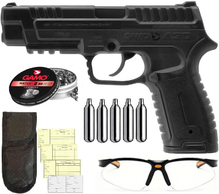 Pack Pistola Gamo P 430 Dual + Tarjeta de Armas. Pistola de balines (munición Dual: perdigones y Bolas BB's) de hasta 150 m/s semiautomática (CO2)   3.5 Julios +Gafas+Funda+Balines+Bombonas CO2