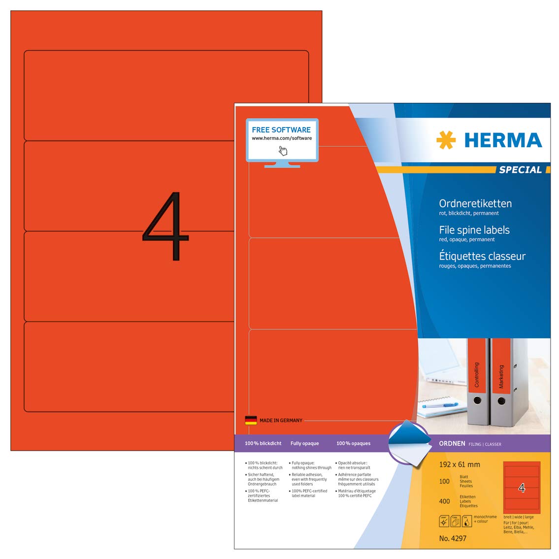 HERMA Rückenschild, selbstklebend, breit/kurz, 61 x 192 mm, rot (400 Stück), Sie erhalten 1 Packung á 400 Stück