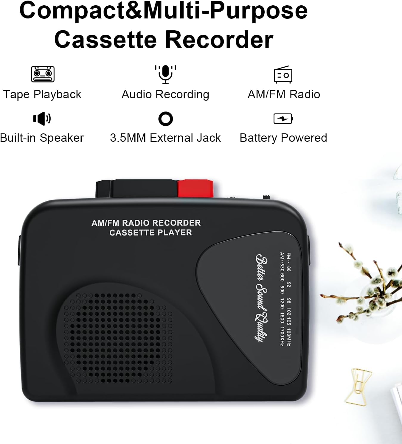 Lettore cassette portatile registratore radio AM/FM nero