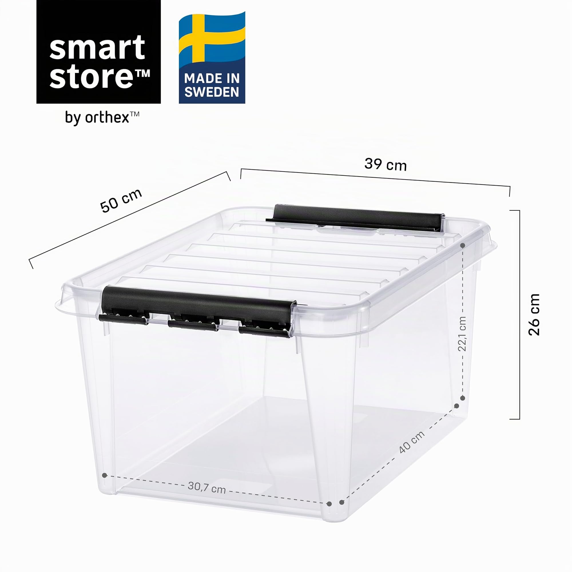 SmartStore Aufbewahrungsboxen mit Deckel, 31 l, transparent, 4er-Pack, verstärkt, 10 Jahre Garantie, lebensmittelecht, mit Clipverschluss, stapelbar, BPA-freier Kunststoff, 50 x 39 x 26 cm