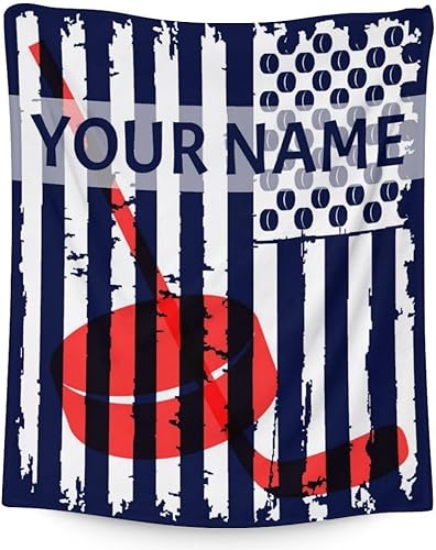 Miniatura 1 de Manta de hockey personalizada con nombre, manta deportiva de 50 x 60 pulgadas para niños y niñas, manta de felpa suave azul para cama, sofá, sofá