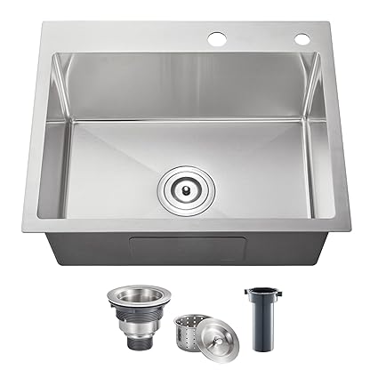 POPFLY 20 - 16 inch Drop In Kitchen Sink, 304 Stainless Steel Overmount Single Bowl Prep Bar Sink, 18 Gauge Topmount Handmade Kitchen Sinks with 2 Holes, Brushed