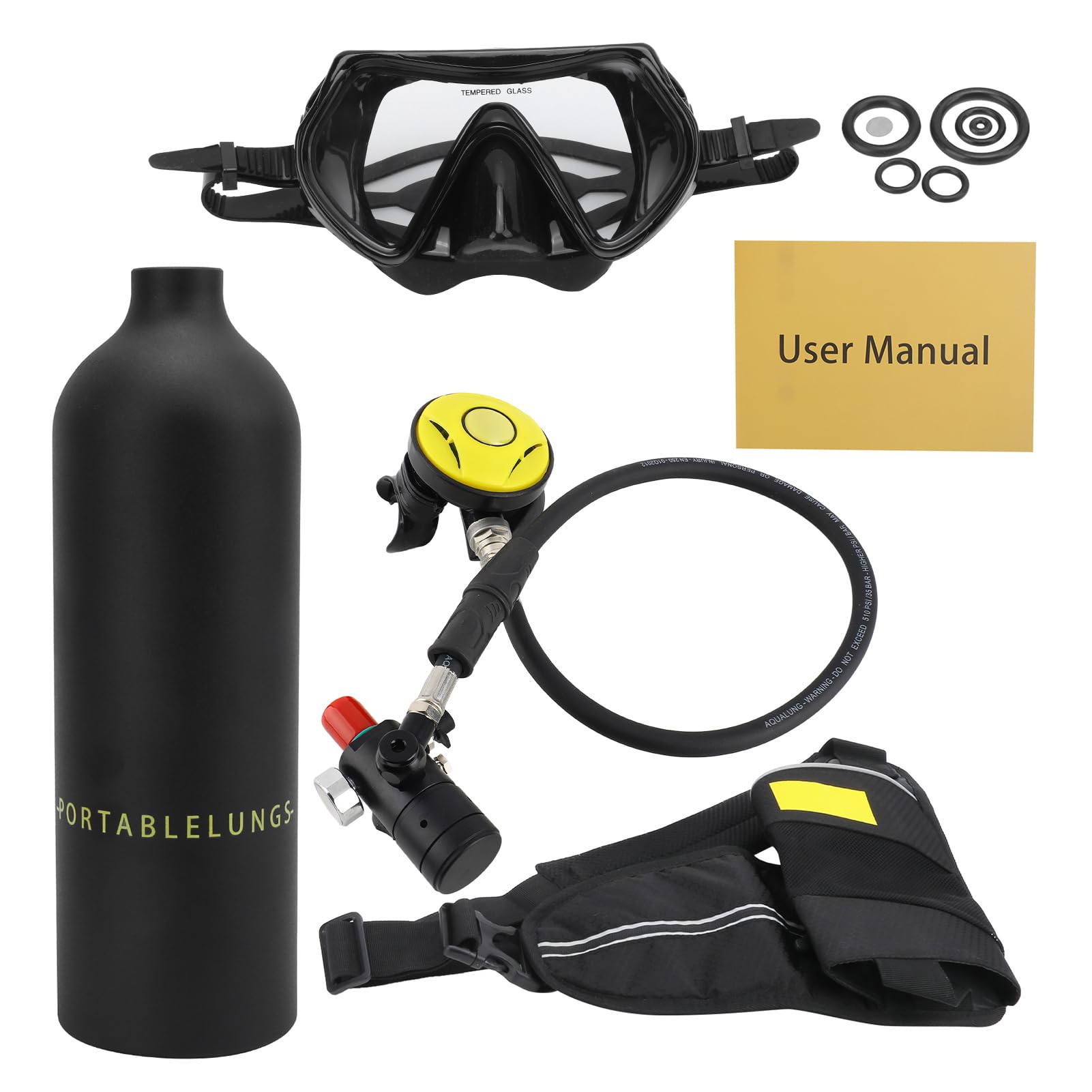 Set Bombola da 1 Litro, Mini Set da Immersione con Valvola di Sfiato e Occhialini da Sub con Cinturino per Immersione per Esplorazione Subacquea (Black)