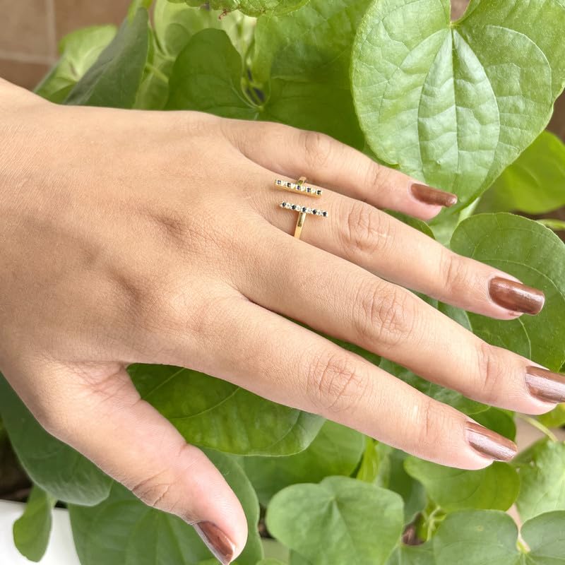 Miniatura 4 de Alternate Blue Sapphire & White Diamond Open T Bar Ring For Women, 14k Yellow Gold Finish Blue Sapphire Open Bar Ring, Stackable Double Bar Ring