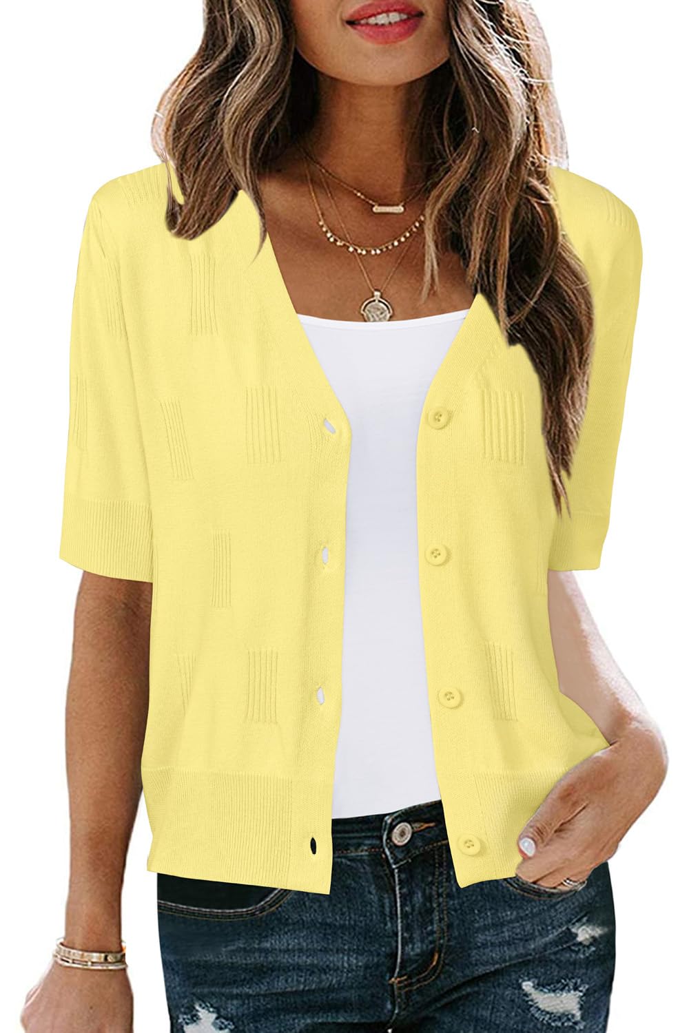 Arach&amp;Cloz Women's Lightweight Spring Summer Business Casual Cropped Short Sleeve Cardigan