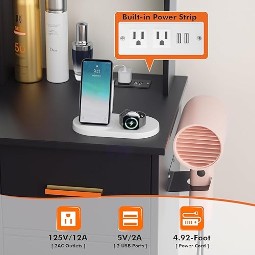 Miniatura 14 de Greenvelly Escritorio de maquillaje blanco con espejo, maquillaje de madera con 3 modos de iluminación, 2 cajones espaciosos y 6 compartimentos de