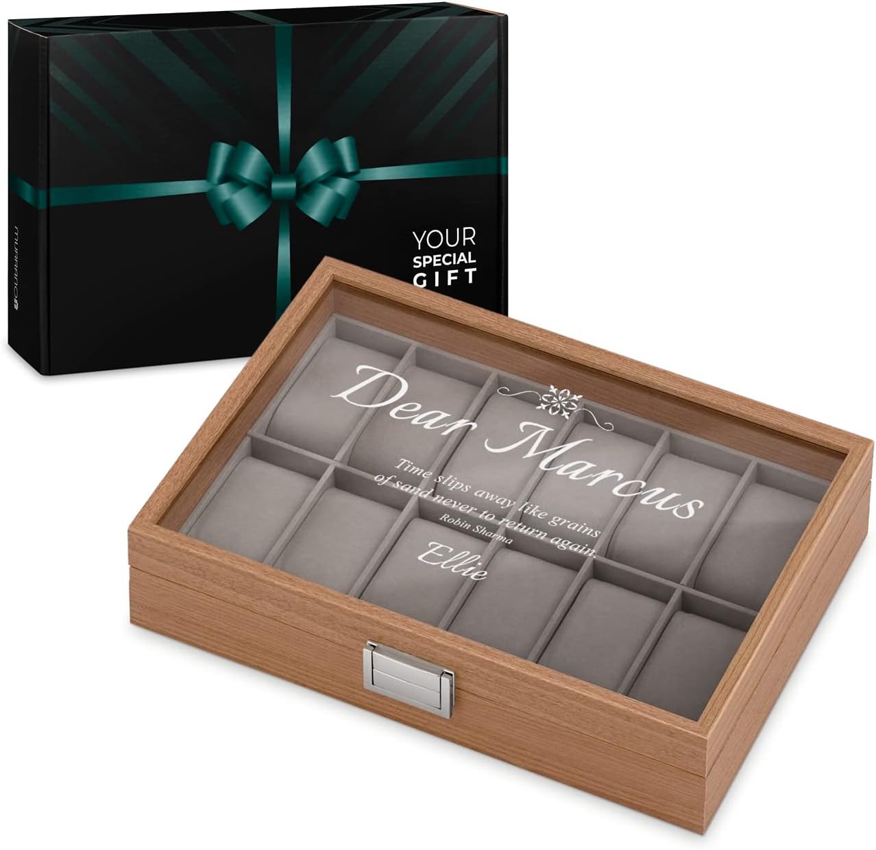 Maverton Personalised Watch Box for Men - Wooden Watch Case with Engraved Personal Glass Lid - Stylish Elegant Watch Holder for 12 Watches - A Gift for Men on Birthday - Quote 2