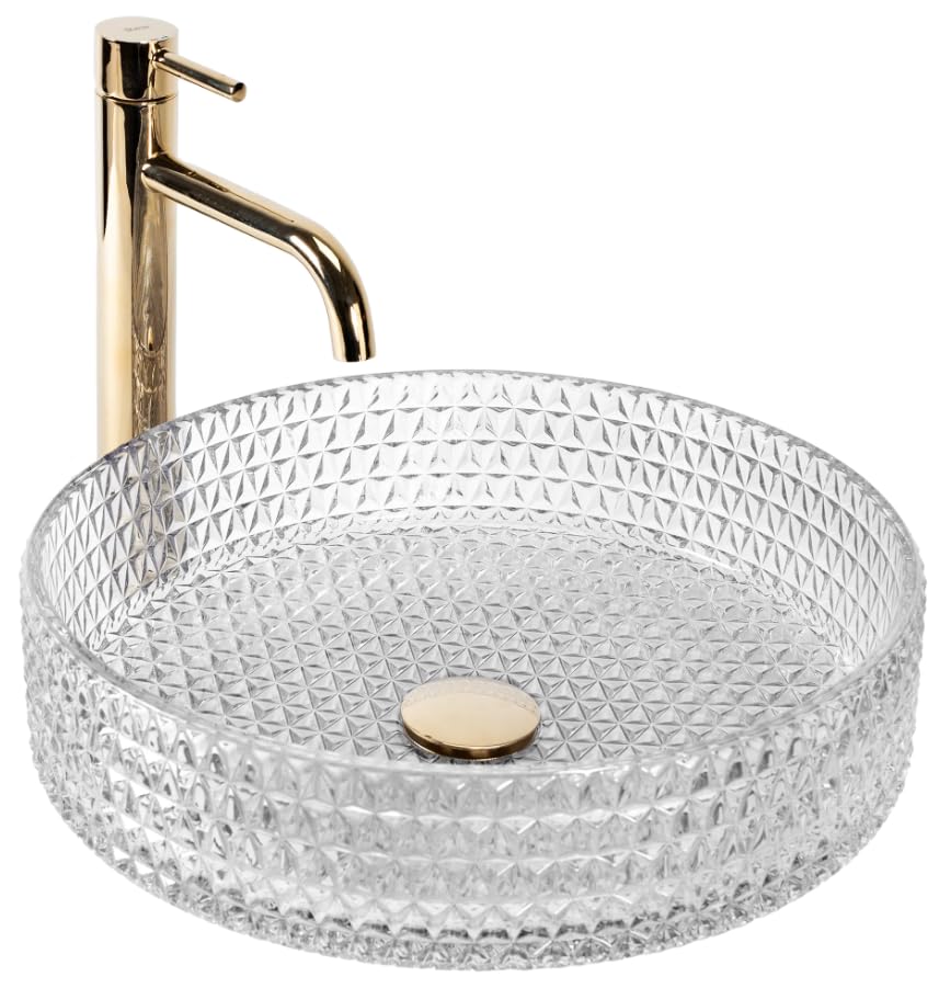Rea Lavabo sobre Encimera Cristal Transparente 39 Aro de cepillo dorado Lavabo de baño 400 x 400 x 110 mm Vidrio (transparente)