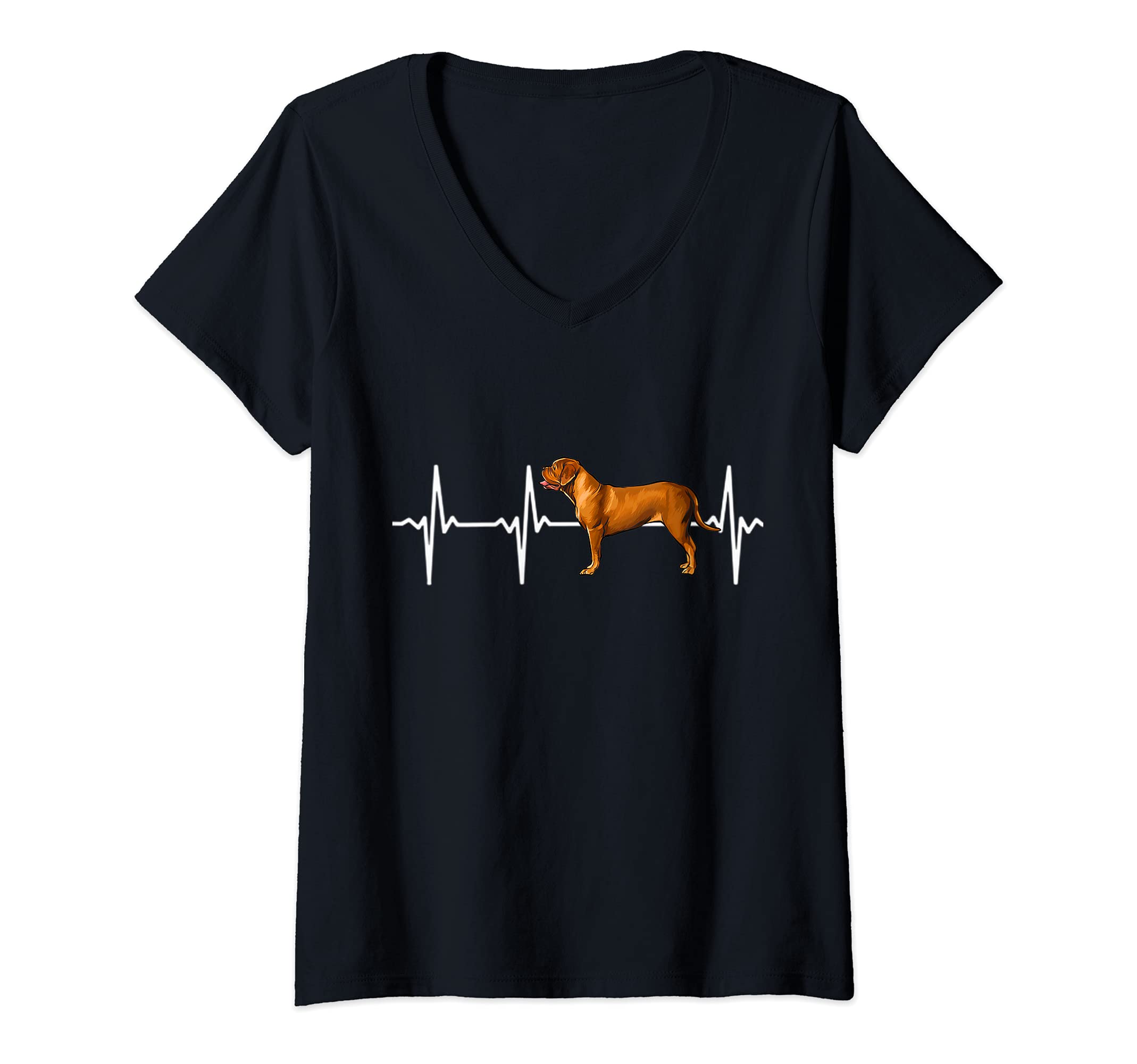 Womens Dogues de Bordeaux Heartbeat Love My Dog V-Neck T-Shirt, Black