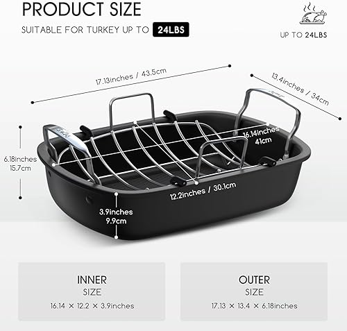 Miniatura 10 de Sartén para asar, 17 x 13 pulgadas con estante extraíble, sartén antiadherente para asar pavo, carne y verduras (dorado)