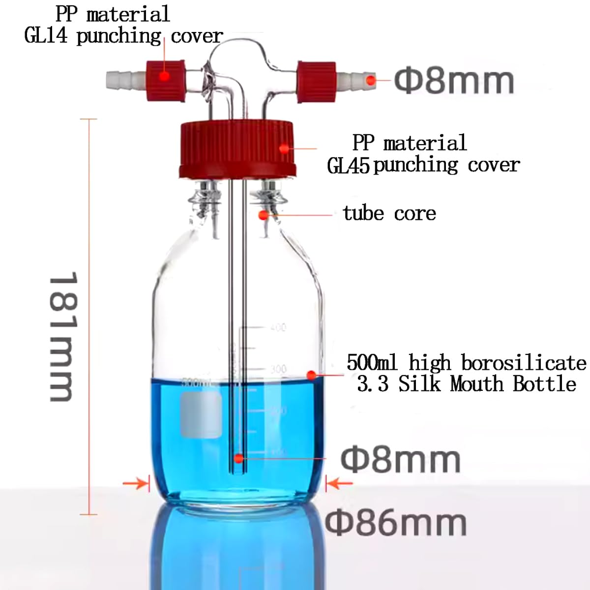 Labor-Gas-Waschflasche, Borosilikatglas, Labor-Pufferflasche, Chemie-Labor, Glaswaren-Set (500 ml)