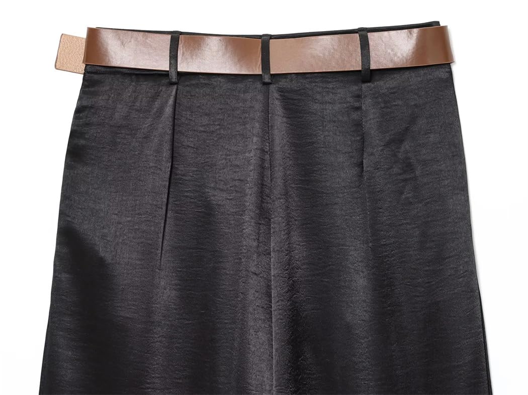 Pantalones de verano plisados de satén para mujer, de pierna ancha, con cinturón, cintura alta, color liso, pantalones ligeros