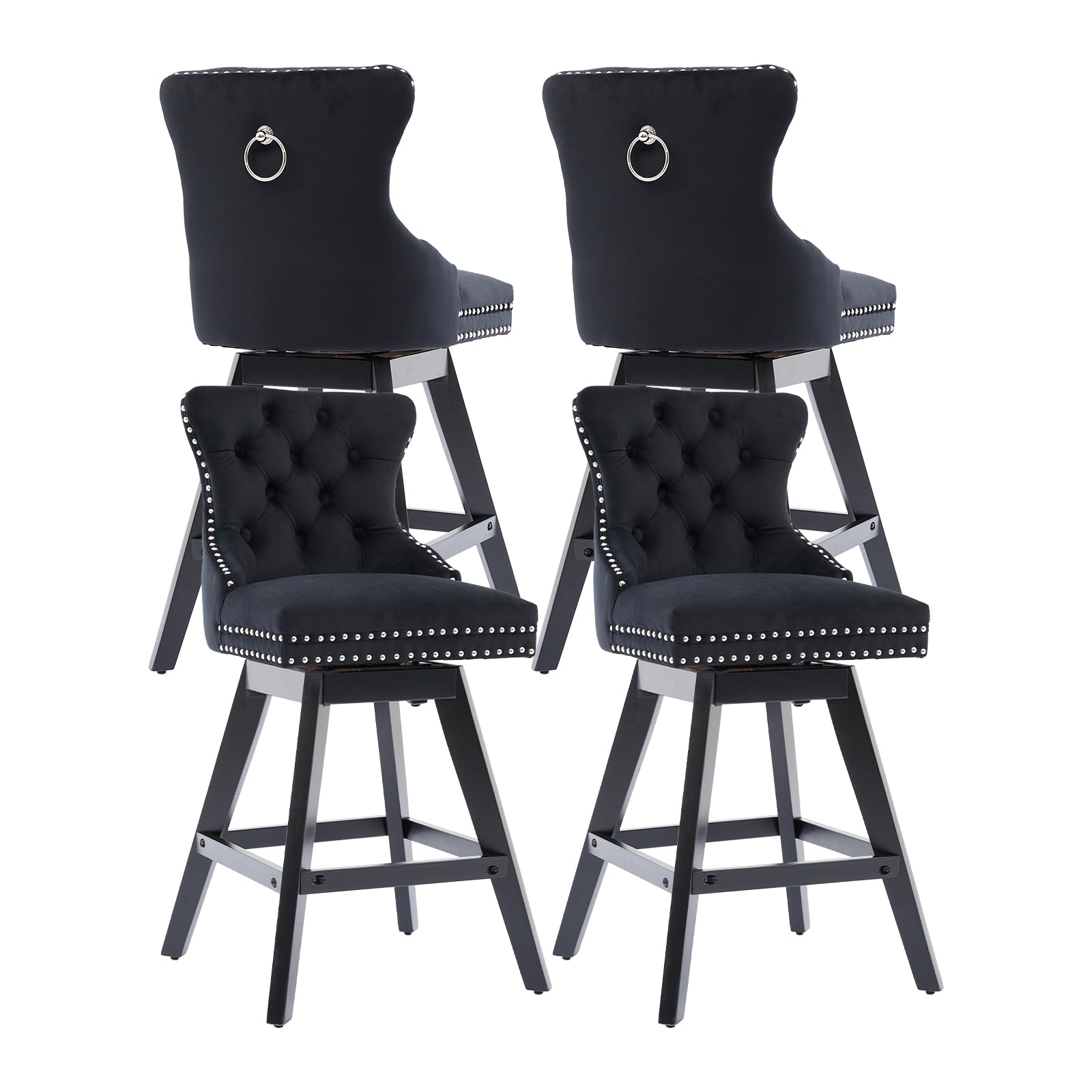 MZDOO Black Bar Stools Set of 4, Modern Swivel Velvet Counter Height Barstools, Upholstered Kitchen Island Chairs with Button Tufted Back, Rivet Trim,