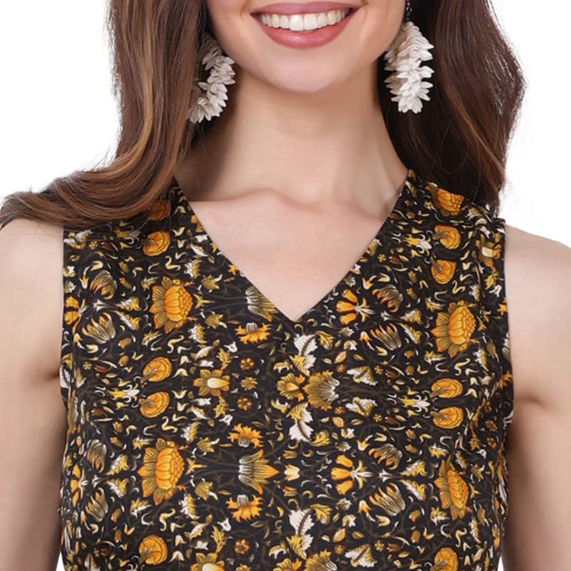 Image of Women's Crepe A-Line Knee Length Dress | Western Sleeveless Dress for Girls | Flared Frock | Frill Midi | Knee Gown