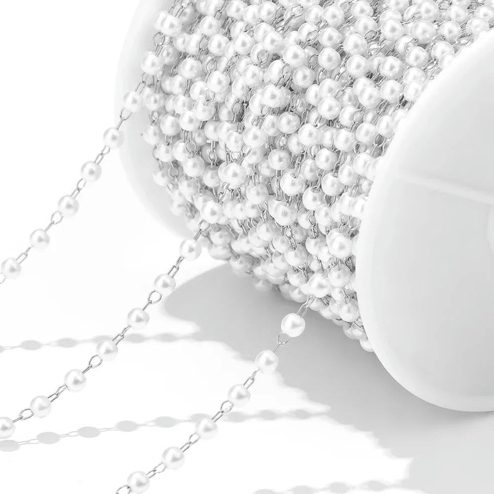 LINJILUO 2 Meters White Pearl Chains Stainless Steel Necklace Link Chains Bulk for DIY Jewelry Making Bracelets Findings Anklets