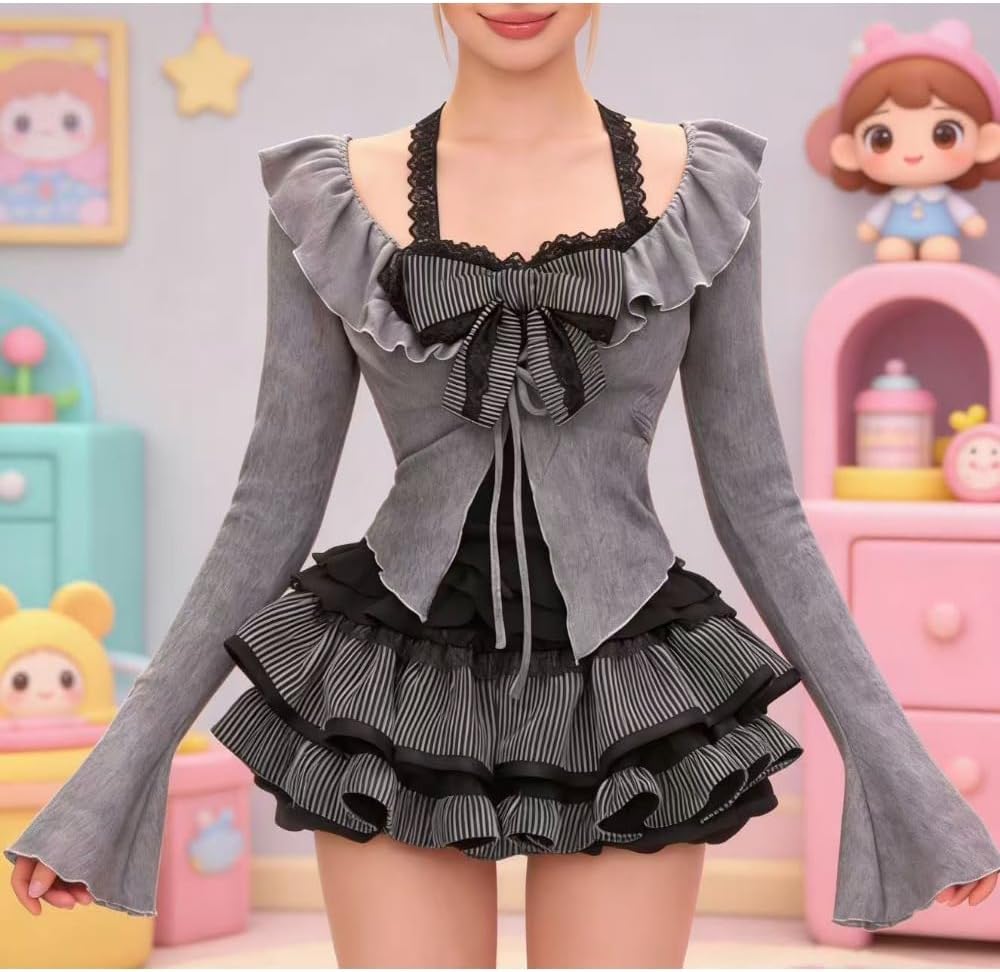 Women’s Y2K Gothic Kawaii 3-Piece Set Gray Ruffled Cardigan Black Lace Straps & Striped Tiered Skirt College Coord