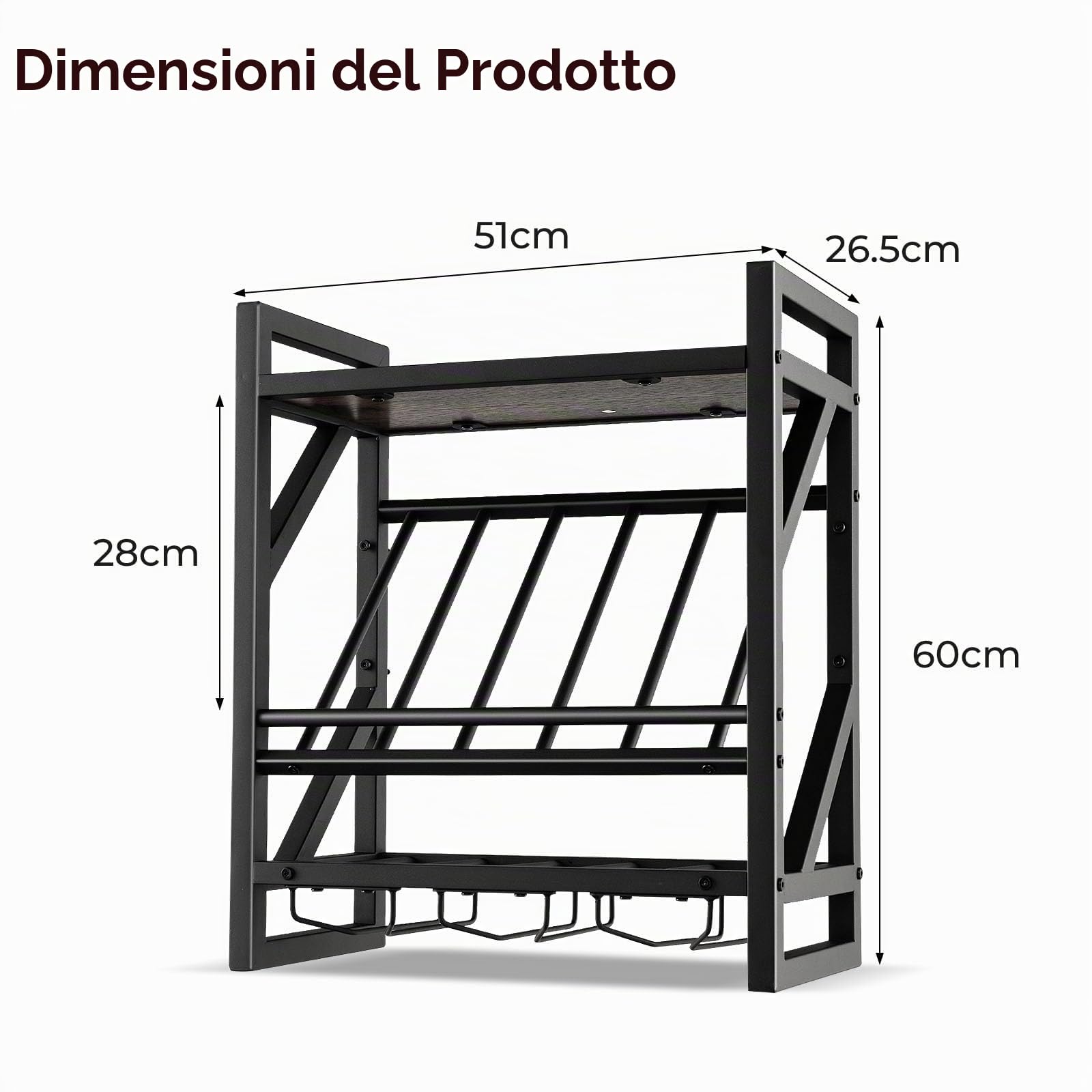 KOMFOTTEU Cantinetta a Parete, Scaffale Vino Decorativo con Portacalici per Coppe, Supporto per Bottiglie Appendibile, 20 kg di Carico per Strato, per Cucina, Cantina, Bar (51 x 26,5 x 60 cm)