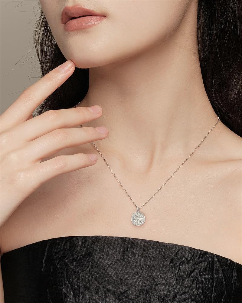 NewZenro Vintage Sun Embossed Round Disc Pendant Necklace for Women Dainty Minimalist S925 Sterling Silver 18K Gold Plated Link Choker Necklaces Adjustable Chain Fashion Trendy Jewelry for Her Bff - Image 5