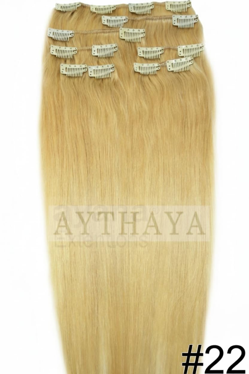 Clip In Hair Extensions 100% Human Hair #22 Light Ash Blonde, 18 inch 120g