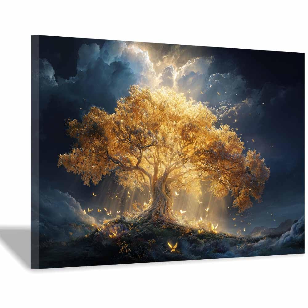 XENIOU Tree Of Life Wall Art Teals gold tree art canvas painting wall art, Living Room Bedroom Hallway Stairs Decoration.(Multicolor)-70x100cm Framed