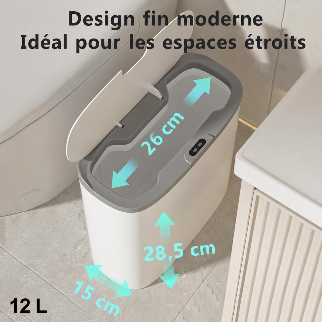 Poubelle Automatique 12L avec Capteur et Fixation Murale – Poubelle Électrique avec Couvercle, Anti-Odeurs et Étanche, pour Cuisine Salle de Bain WC – Blanc, Silencieuse et Gain de Place