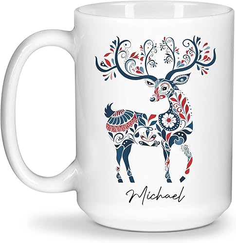 Taza de café escandinava vintage, arte floral nórdico con ciervos, taza de café personalizada con nombre para amantes del arte popular, regalo para