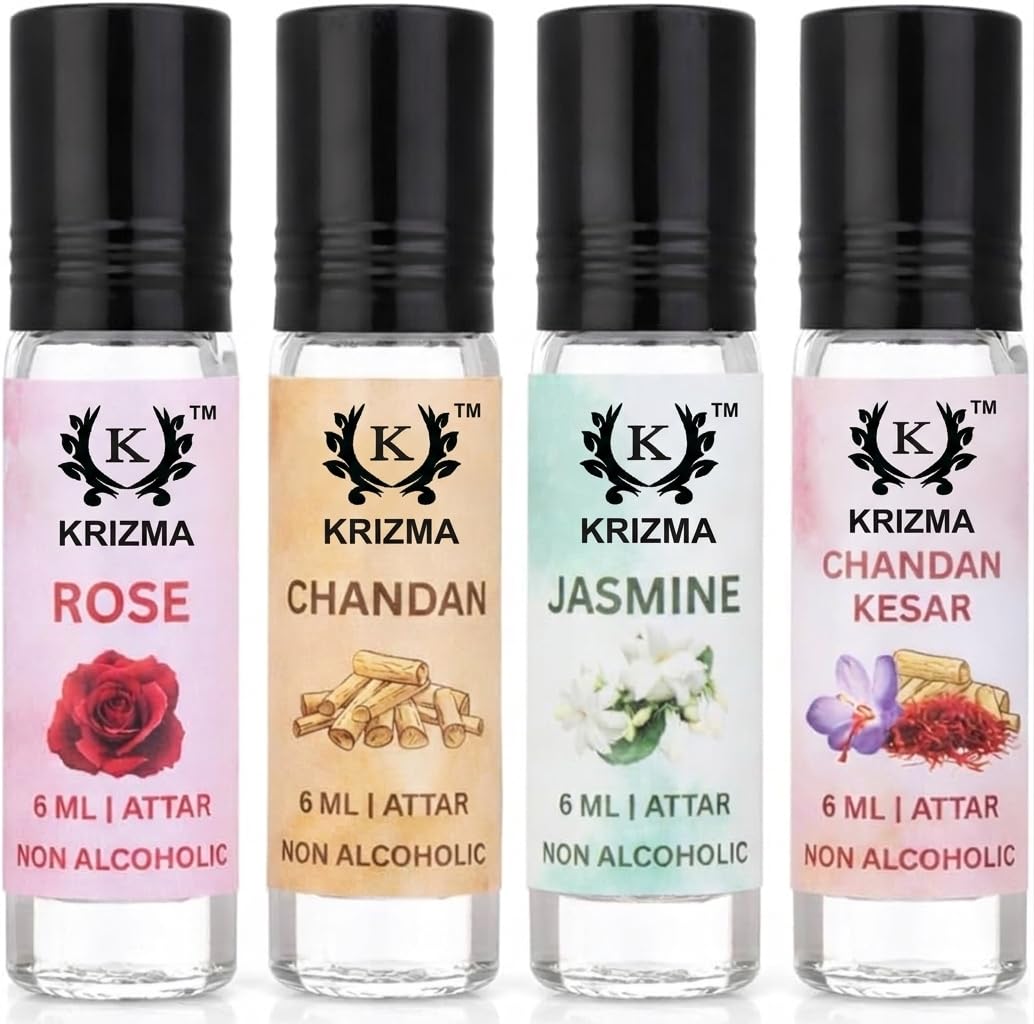 Krizma|Luxury Attar Gift Set for Men & Women, Rose Chandan Jasmine & Chandan Kesar, 4 x 6ml, Non Alcoholi Perfume Oil | Premium Roll On Ittar Fragrance Gift Box Special Occasions |Vegan Fragrances Gift Hamper for Him & Her | Ideal for Special Occasions |-image-2
