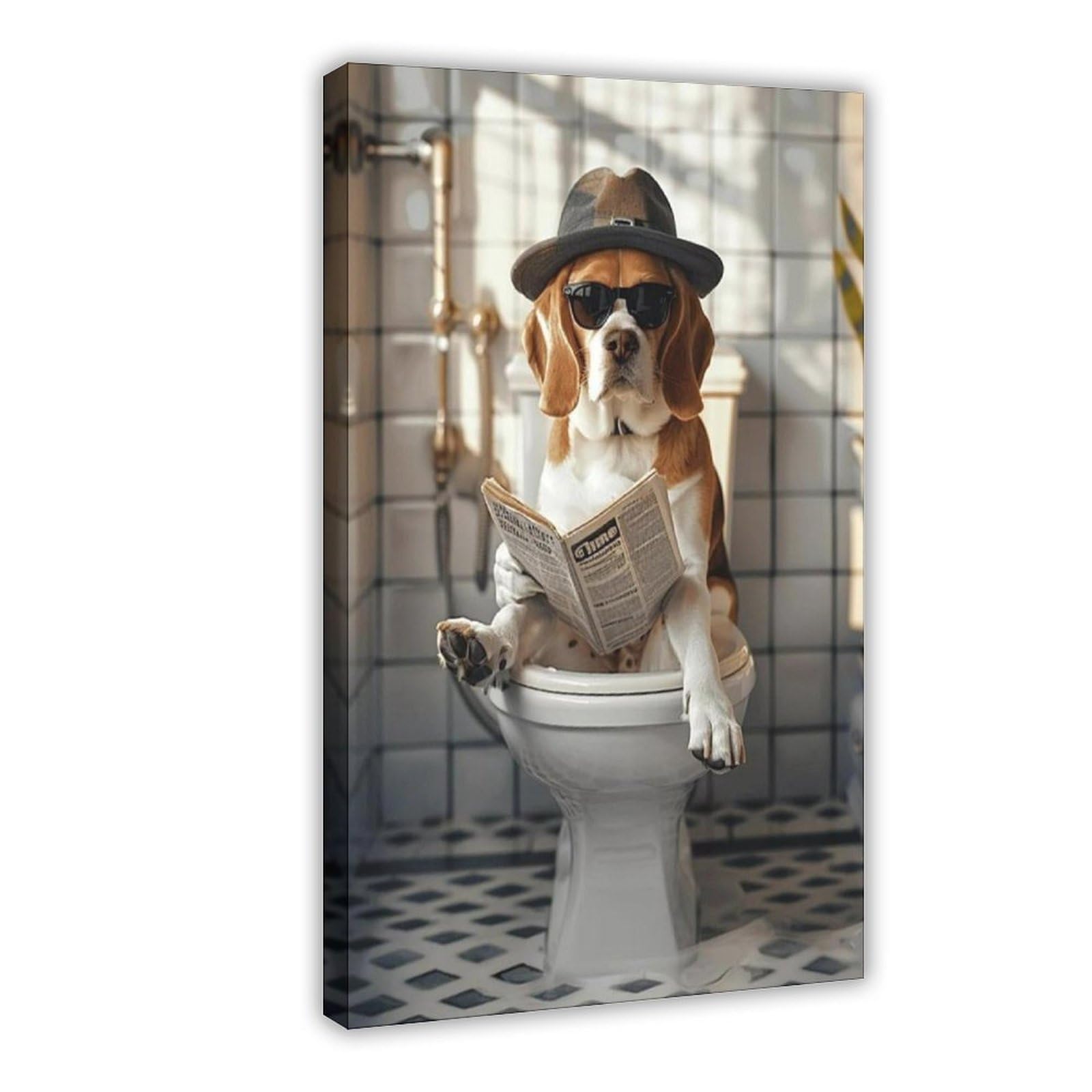 Flamint Beagle Sitting on The Toilet Reading Newspaper Canvas Poster Bedroom Decor Landscape Office Room Decor Gift 8" L X 12" W