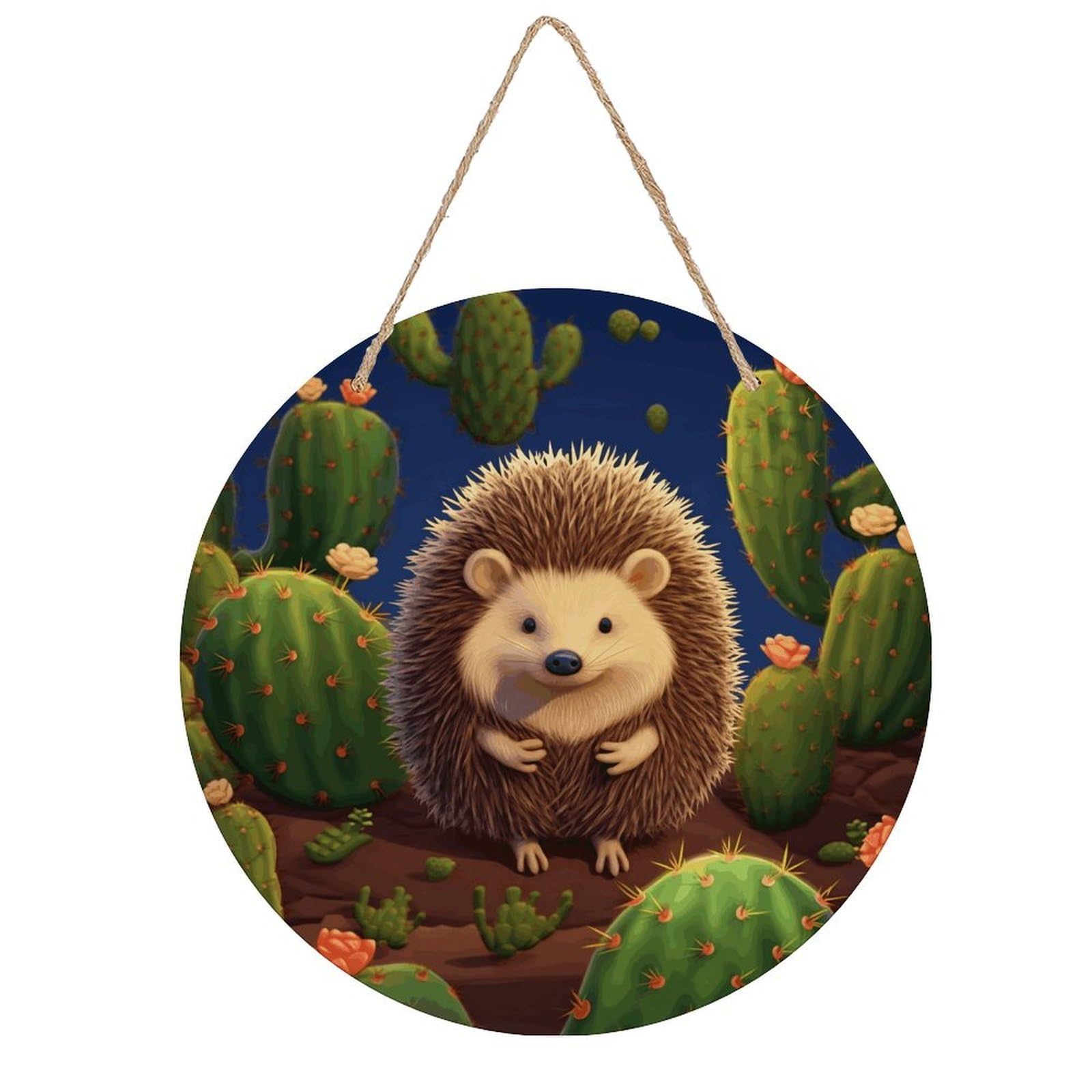 VstaDank Hedgehog Cactus Wall Art Decor with Ropes Wooden Hanging Sign Hanging Wall Decor Artwork Round Wood Painting Modern Wall Prints Decor Picture for Office Bar Home Decors