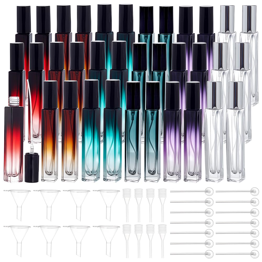 NBEADS Kit di 24 flaconi spray per profumo in 6 colori da 10 ml, riutilizzabili, rettangolari, da viaggio, con pompe in plastica, imbuti e pipette per erogazione di fragranze