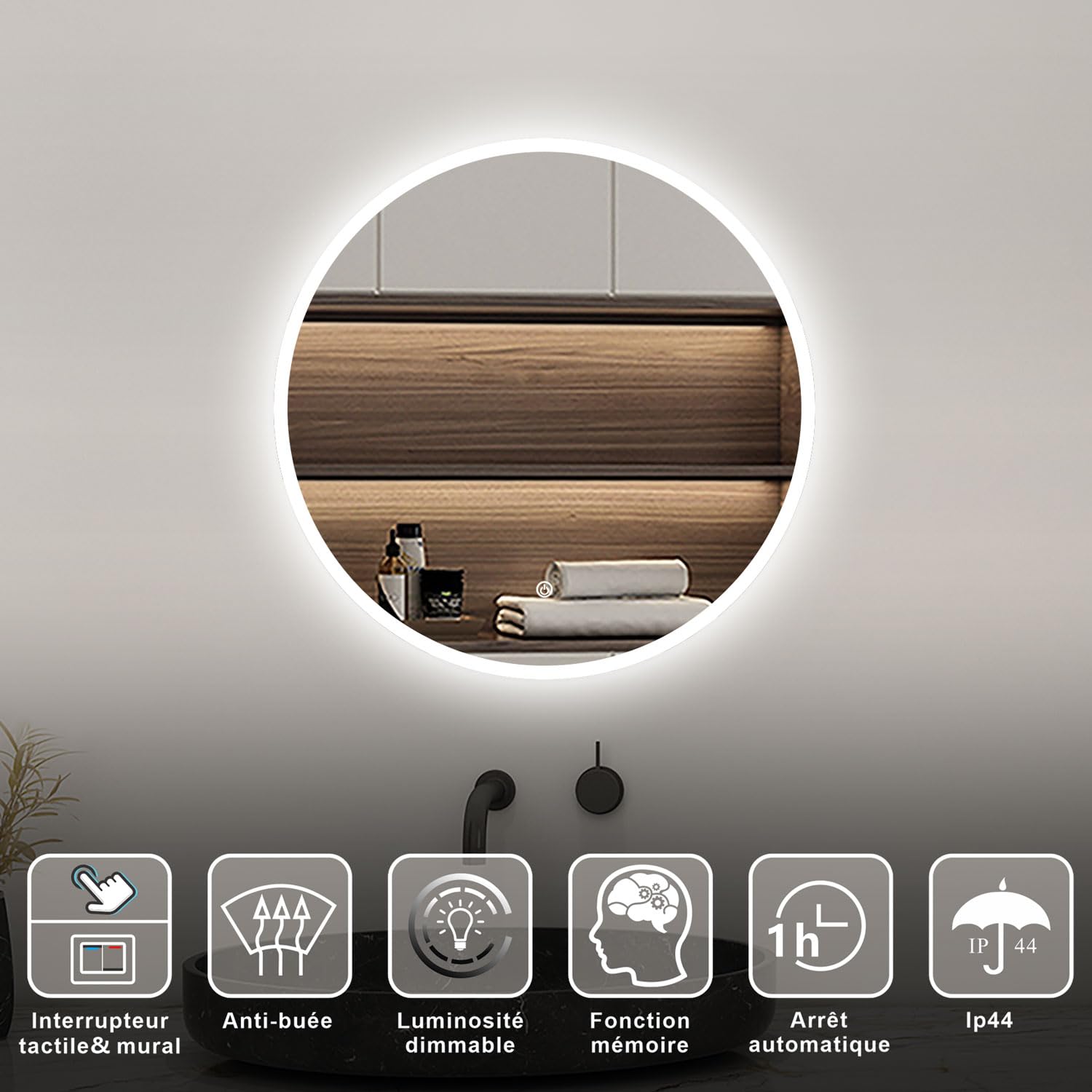 AICA Miroir Salle de Bain Rond 80cm Anti-buée +dimmable + mémoire, Miroir Lumineux LED