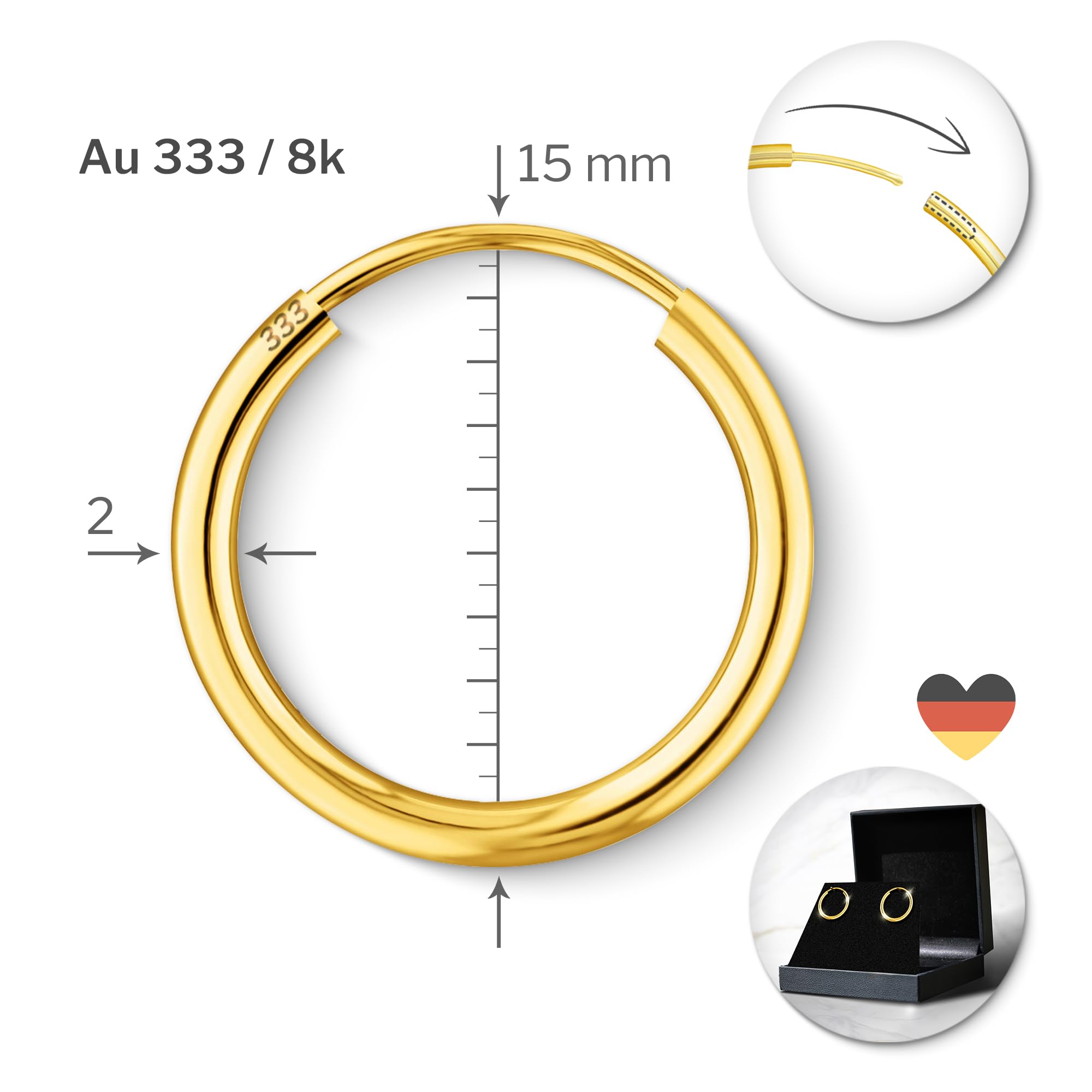 Orecchini Cerchio Donna in Oro Giallo 333 375 585 750 Orecchini Creoli leggerissimi 15 mm largh. 2 mm Orecchini Donna Oro con Scatola Regalo