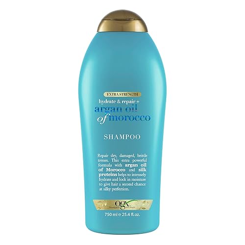 OGX Champú extra fuerte hidratante y reparación + aceite de argán de Marruecos para cabello seco y dañado, aceite de argán prensado en frío para