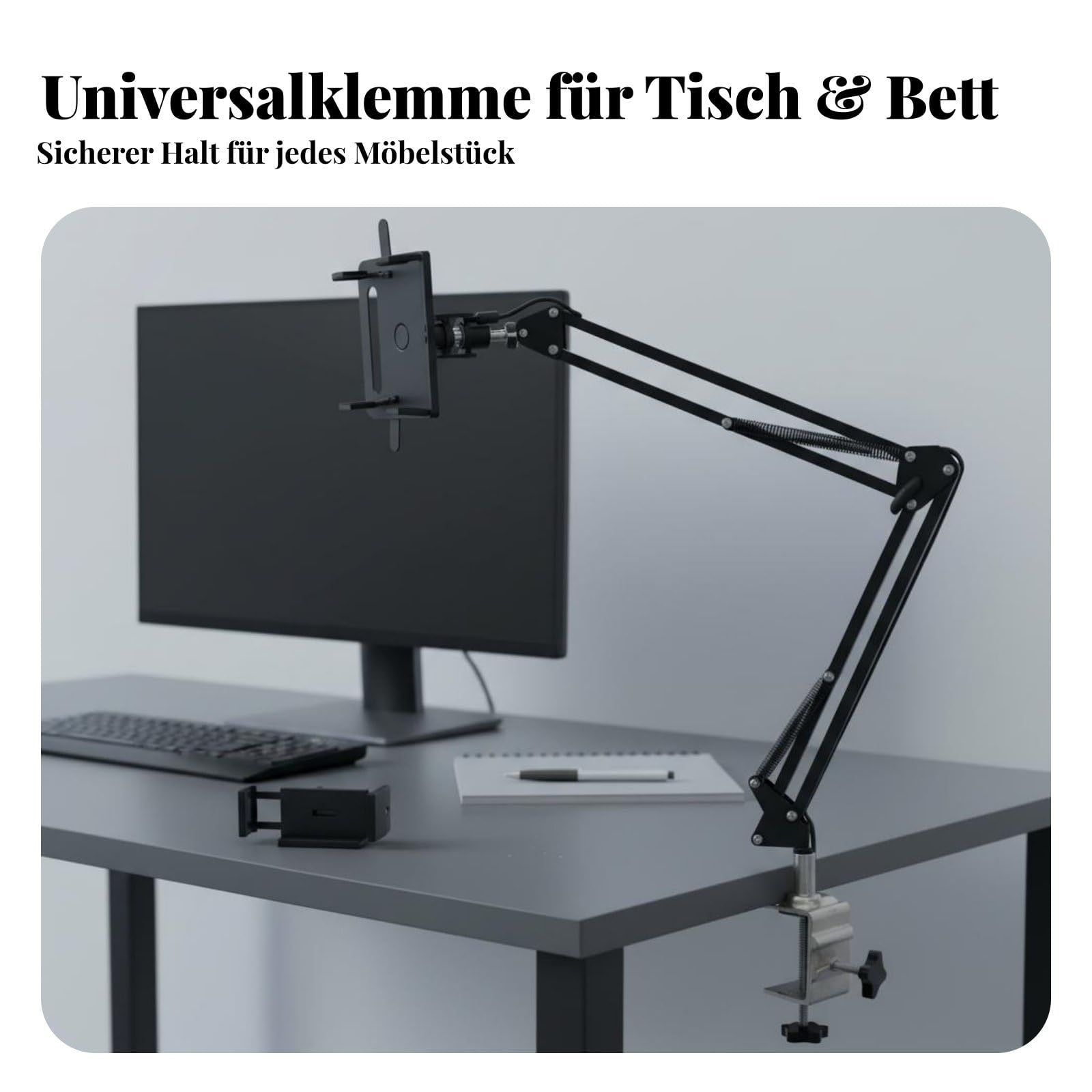 Faltarm Buchständer faltbar & kompakt Schwenkarm Buchhalter verstellbare Höhe & Winkel multifunktions-Tischständer für Leseratten, Kinder, Bett, Küche, Schwarz