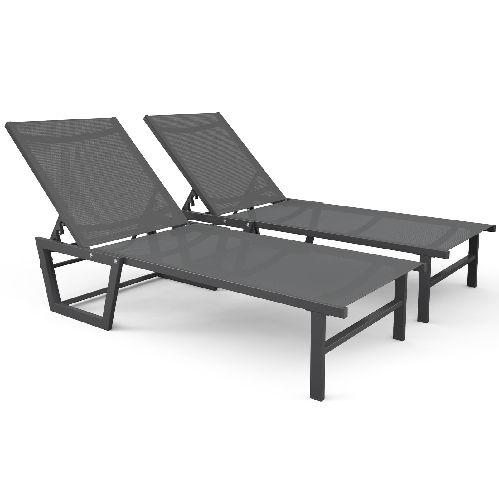 vounot® Lot de 2 Bain de Soleil en Textilène Structure en Aluminium Inclinable Chaise Longue 5 Positions Transat Charge Max 180KG pour Jardin Terrasse Piscine Plage Camping Gris