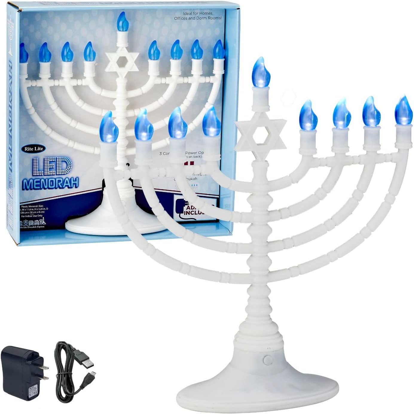 Traditional Large White LED Menorah Low Voltage Hanukkah