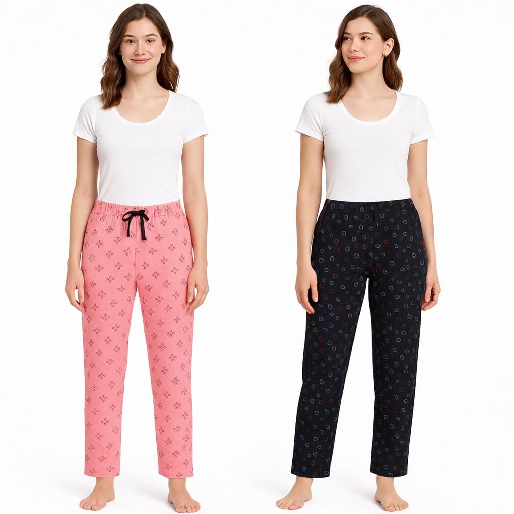 Women's Printed Lounge Pyjama Pants, Cotton Blend, Pink and Black with Heart Pattern, Elastic Waistband, Ankle Length, pack of 2-image-45