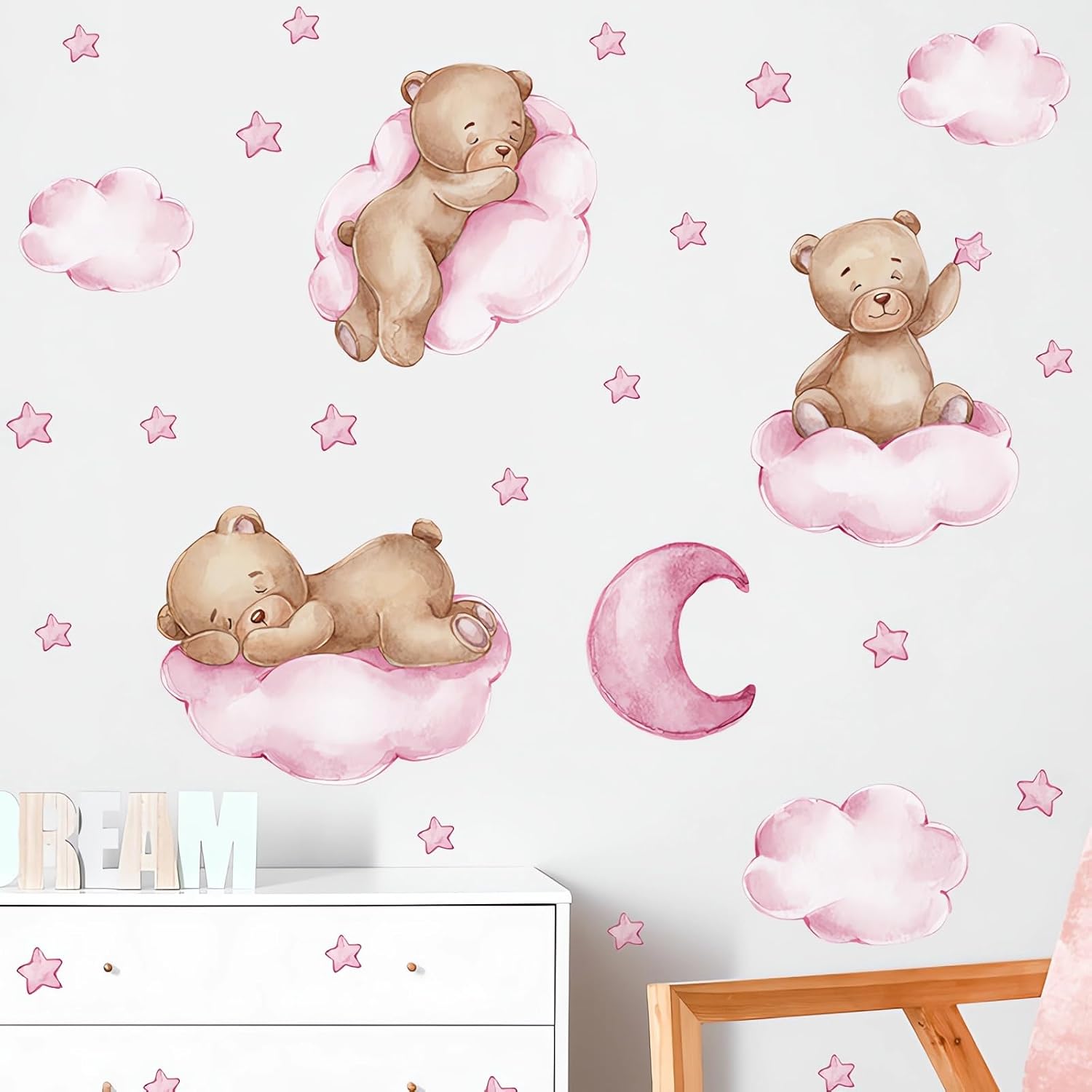 Cute Pink Sleeping Baby Bear Wall Stickers DIY Wall Art Decals | Moon Stars Clouds Removable Vinyl Peel and Stick for Baby Gils Kids Room Nursery Bedroom Toddler Room Kindergarten Home Decor