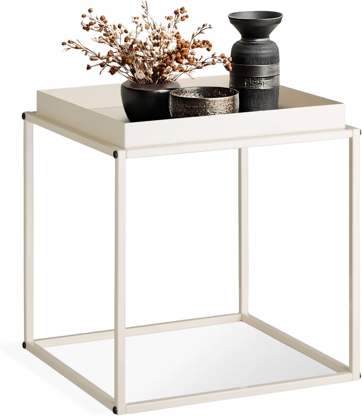 tectake® Tavolino Salotto 40 x 40 x 44cm, Tavolino da salotto Accatastabile Basso, Mobile Soggiorno, Ripiano a Vassoio, Mobiletto Salvaspazio Divano, Camera, Ufficio, Stile Industriale - Crema