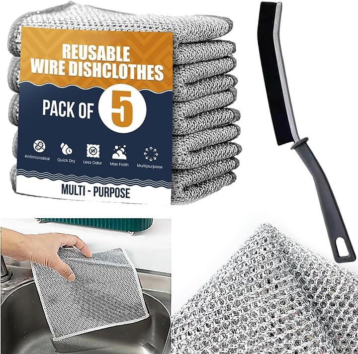 Non-Scratch Wire Dish Cloth Multipurpose Wire Dishwashing Rags for Wet and Dry, Easy Rinsing, Reusable, Wire Cleaning Cloth for Kitchen, Sinks, Pots, Pans with Gaps Cleaning Brush (Pack of 6) (B0CZ9T7YYW) Amazon Price History, Amazon Price Tracker